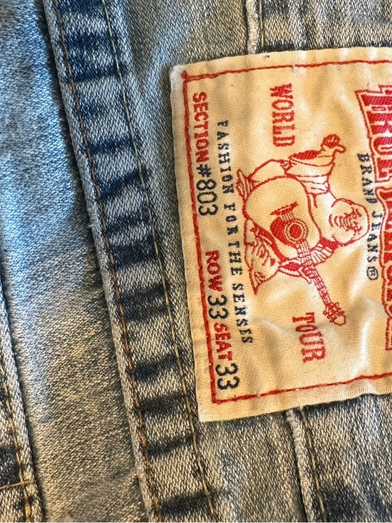 True Religion Light Blue Washed Denim Shorts with Brass Button - Picture 5 of 6